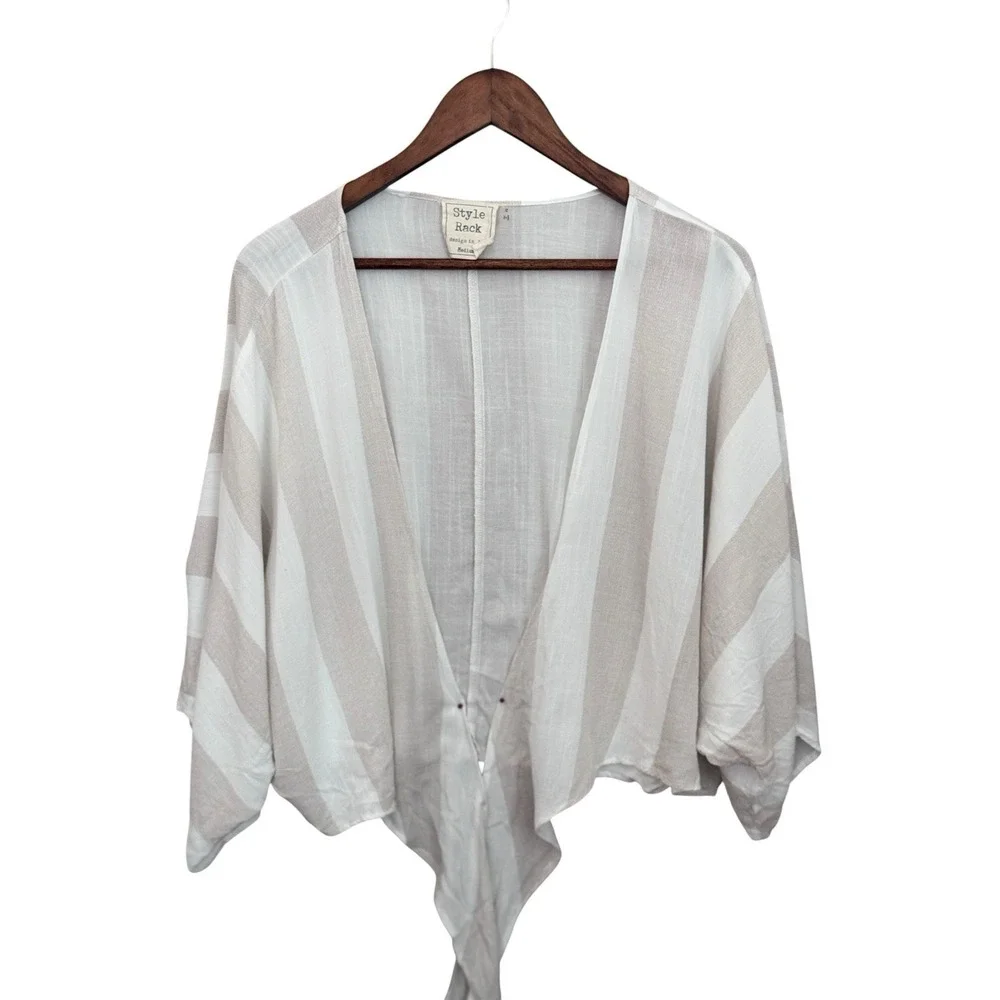 Striped Linen Blend Tie Front Crop Top Medium Boho Cottagecore